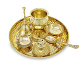 NOBILITY Brass Pooja Thali Set with Red Gift Box 6 Inch Pital Plate Kalash Spoon Chandan Wati Dhup Dan Kuber Diya Ghanti Puja Arti Thali for Diwali Home Office Mandir Wedding Return Gifts