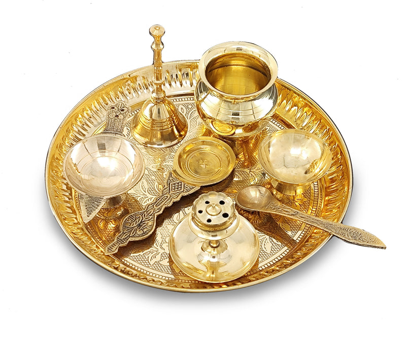 NOBILITY Brass Pooja Thali Set 7 Inch with Pital Puja Plate Kalash Bowl Spoon Dhup Dan Palli Ghanti Kuber Diya Chandan Wati Arti Thali for Diwali Home Office Mandir Wedding Return Gift Items