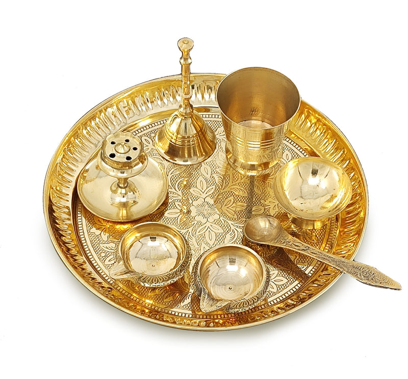 NOBILITY Brass Pooja Thali Set 7 Inch with Pital Puja Plate Kalash Bowl Spoon Dhup Dan Palli Ghanti Kuber Diya Chandan Wati Arti Thali for Diwali Home Office Mandir Wedding Return Gift Items