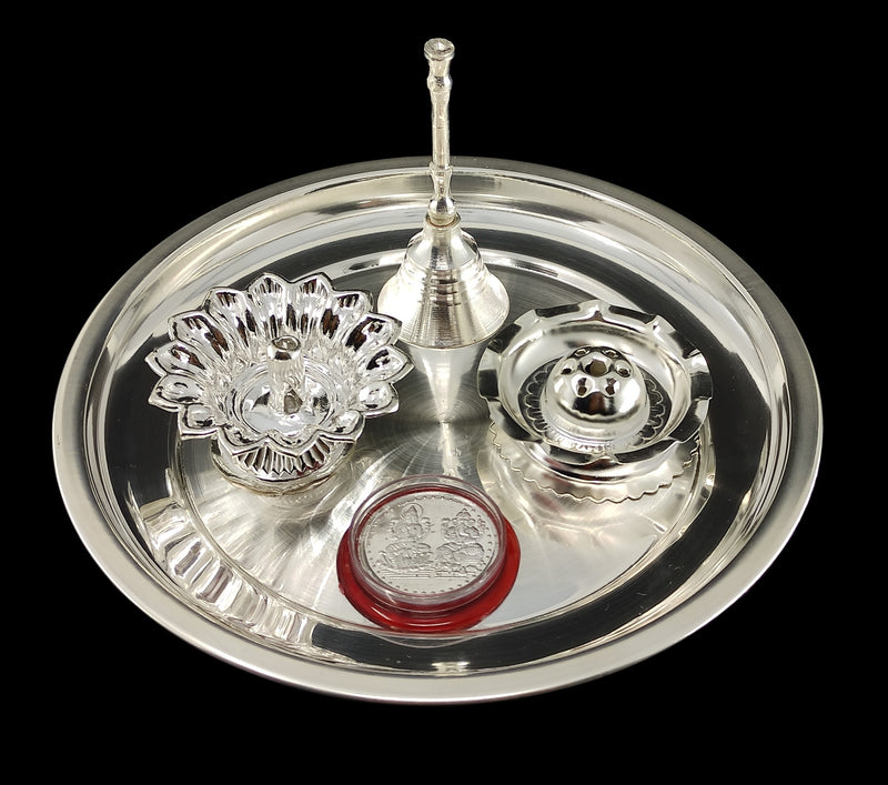 NOBILITY Silver Plated Pooja Thali Set 7 Inch Daily Puja Decorative for Home Mandir Office Wedding Return Gift Items