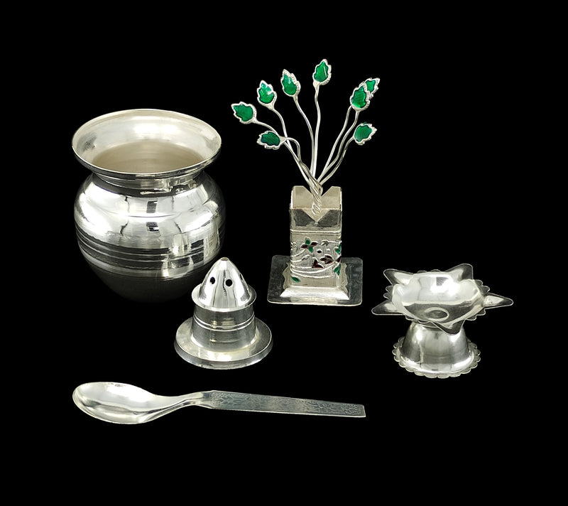 NOBILITY Silver Plated Pooja Thali Set 5 Inch Plate Agarbatti Stand Kalash Spoon Diya Tulsi Idol Premium Puja Decorative for Home Office Wedding Return Gift Items