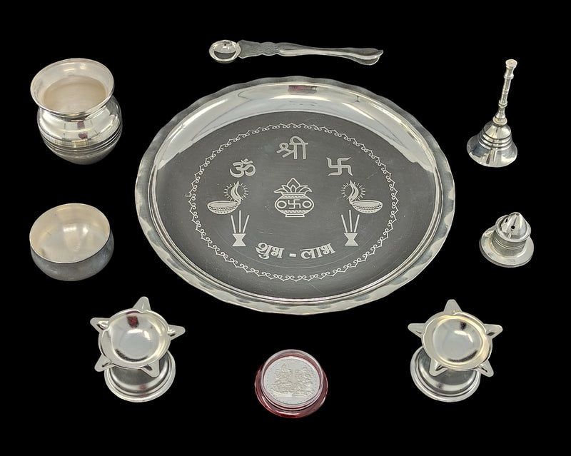 NOBILITY Silver Plated Pooja thali Set 8 Inch Plate Diya Ghanti Kalash Palli Bowl Dhup Dan Ganesh Lakshmi Coin Puja Thali for Diwali Home Mandir Office Festive Wedding Return Gift Items