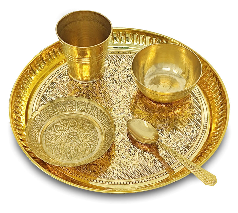 NOBILITY Brass Pooja Thali Set 8 Inch Puja Thali with Pital Plate and Accessories Arti Thali for Diwali Home Office Mandir Wedding Return Gift Items