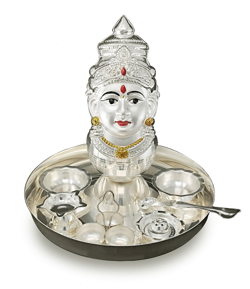 NOBILITY Silver Plated Pooja thali Set with Varalakshmi Devi Mukhota Idol Statue