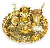 NOBILITY Puja Thali Set Brass Pooja Thali Set 8 Inch with Pital Plate Glass Kalash Spoon Ghanti Bowl Agarbatti Stand Kuber Diya Daily Pooja items for Diwali Home Mandir Office Wedding Return Gift Item