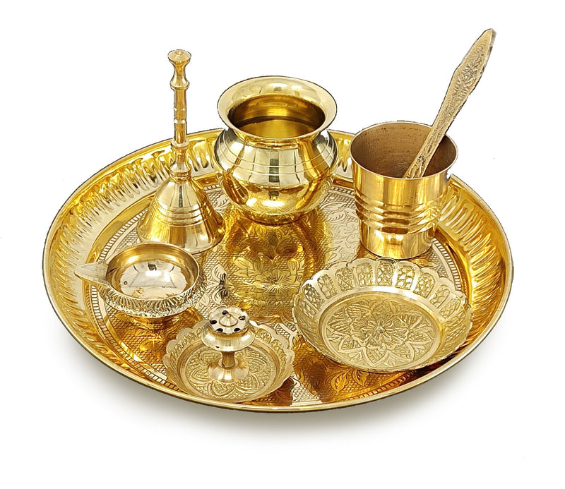 NOBILITY Brass Pooja Thali Set 7 Inch with Pital Puja Plate Kalash Bowl Spoon Dhup Dan Palli Ghanti Kuber Diya Chandan Wati Arti Thali for Diwali Home Office Mandir Wedding Return Gift Items