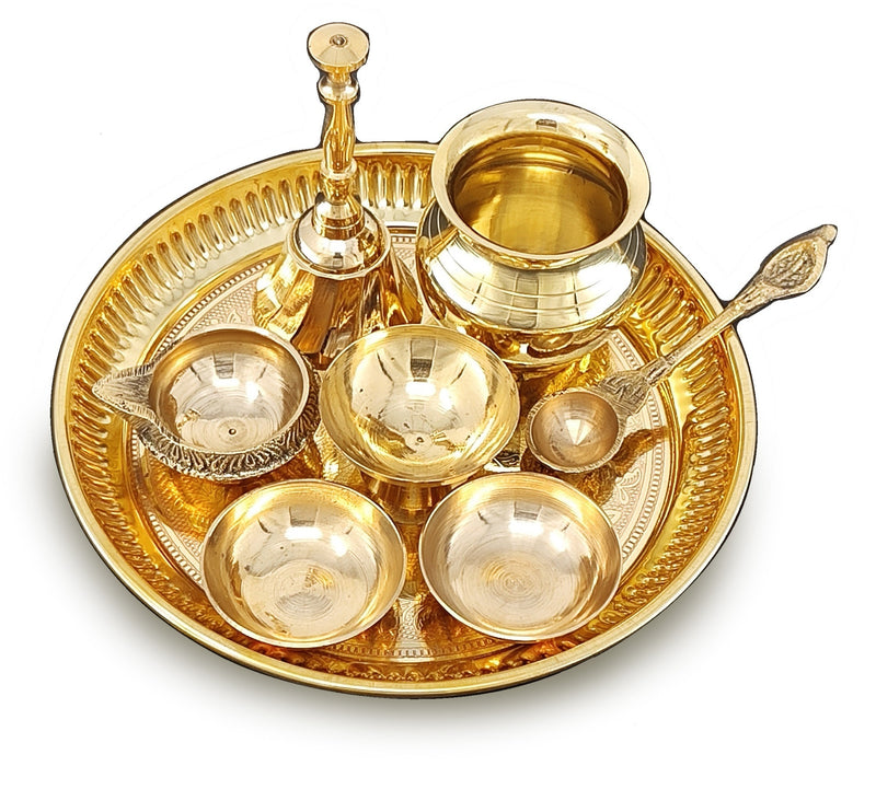 NOBILITY Brass Pooja Thali Set 6 Inch Puja Thali with Pital Plate Chandan Wati Kalash Kuber Diya Ghanti Palli Arti Thali for Diwali Home Office Mandir Wedding Return Gift Items