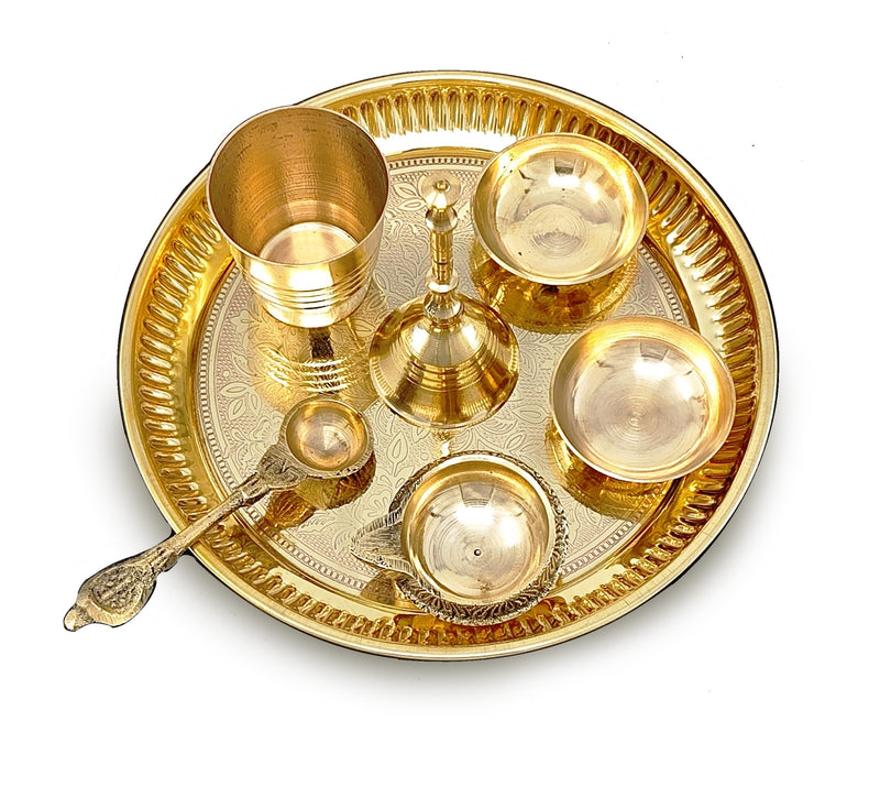 NOBILITY Brass Pooja Thali Set 6 Inch Puja Thali with Pital Plate Glass Pallu Bowl Diya Ghanti Arti Thali for Diwali Home Office Mandir Wedding Return Gift Items