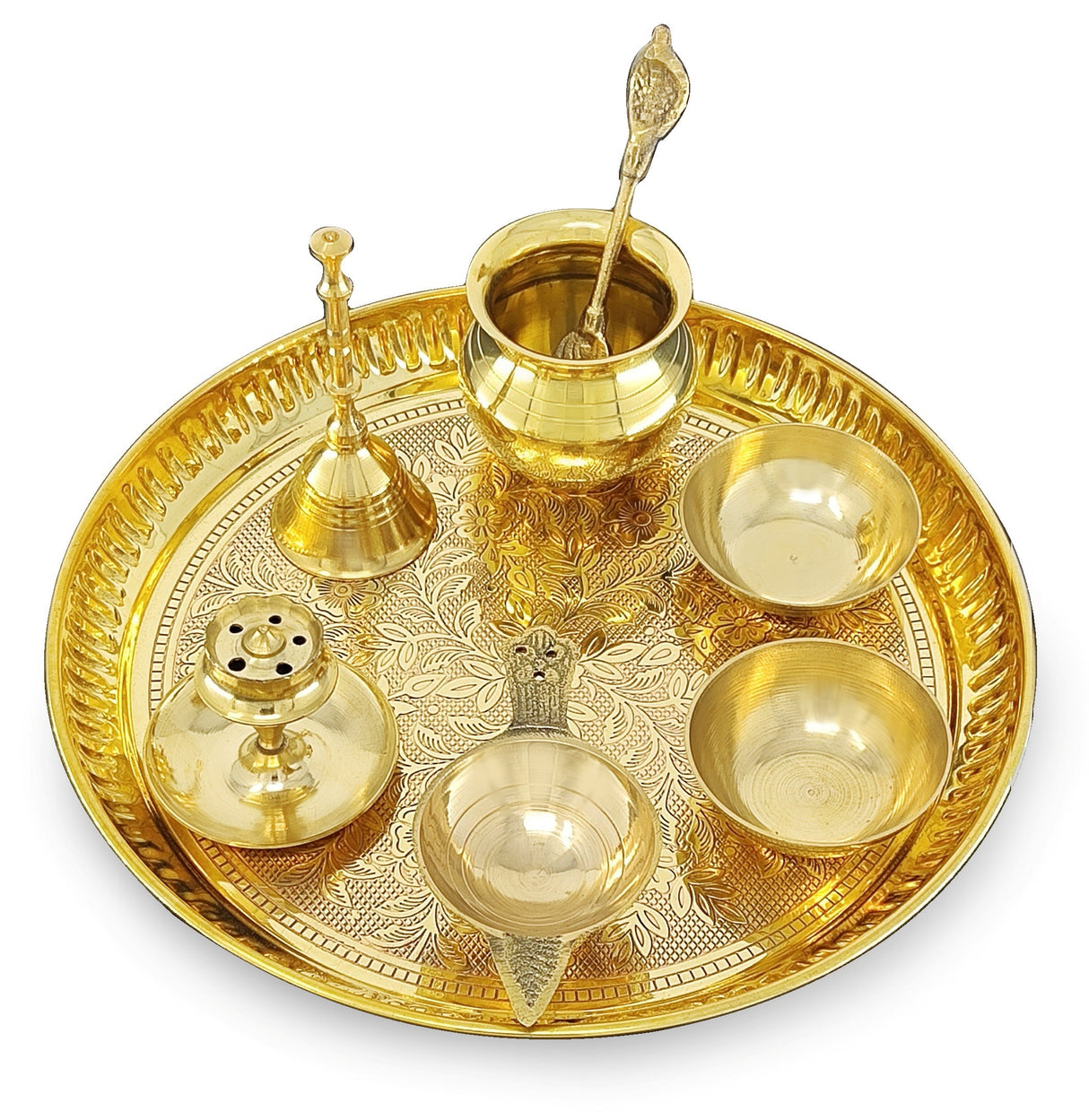 NOBILITY Puja Thali Set Brass Pooja Thali Set 8 Inch with Pital Plate Glass Kalash Spoon Ghanti Bowl Agarbatti Stand Kuber Diya Daily Pooja items for Diwali Home Mandir Office Wedding Return Gift Item