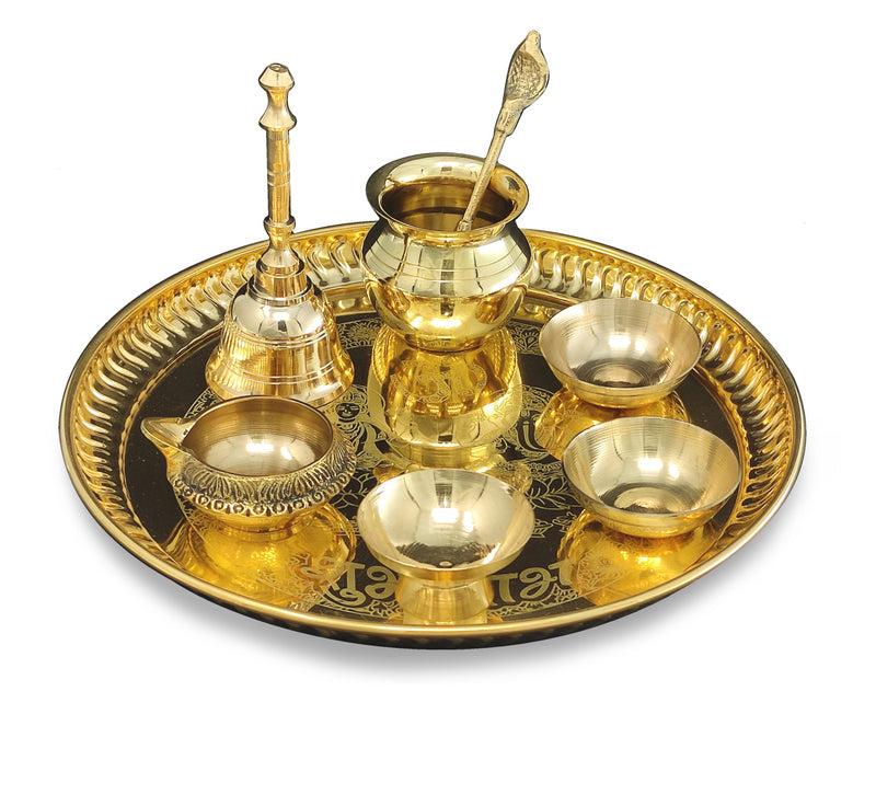 NOBILITY Brass Pooja thali Set 8 Inch with Pital Plate Bowl Kalash Spoon Ghanti Chandan Wati Daily Puja Thali for Diwali Home Mandir Office Wedding Return Gift Items