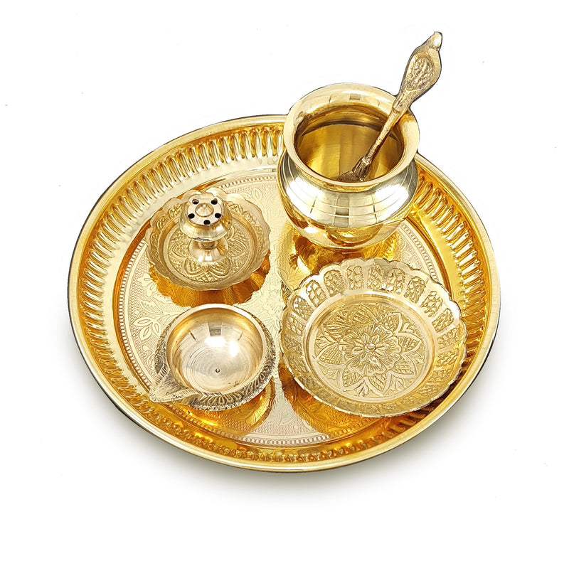 NOBILITY Brass Pooja Thali Set 6 Inch Puja Thali with Pital Plate Kalash Kuber Diya Dhup Dan Palli Kangura Plate Arti Thali for Diwali Home Office Mandir Wedding Return Gift Items