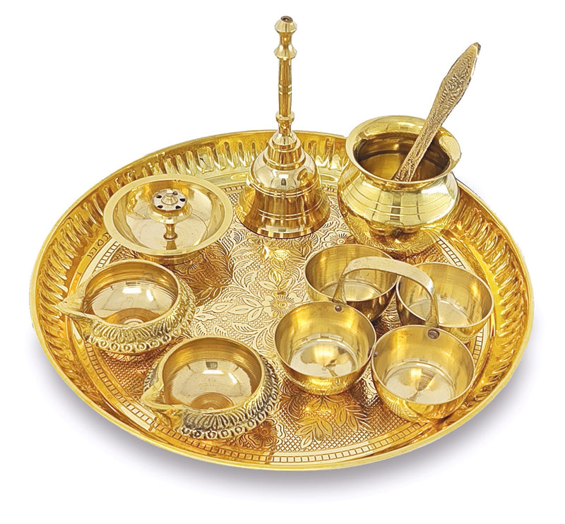 NOBILITY Brass Pooja Thali Set 8 Inch Puja Thali with Pital Plate Kalash Haldi Kumkum Stand Dhup Dan Kuber Diya Ghanti Palli Arti Thali for Diwali Home Office Mandir Wedding Return Gift Items