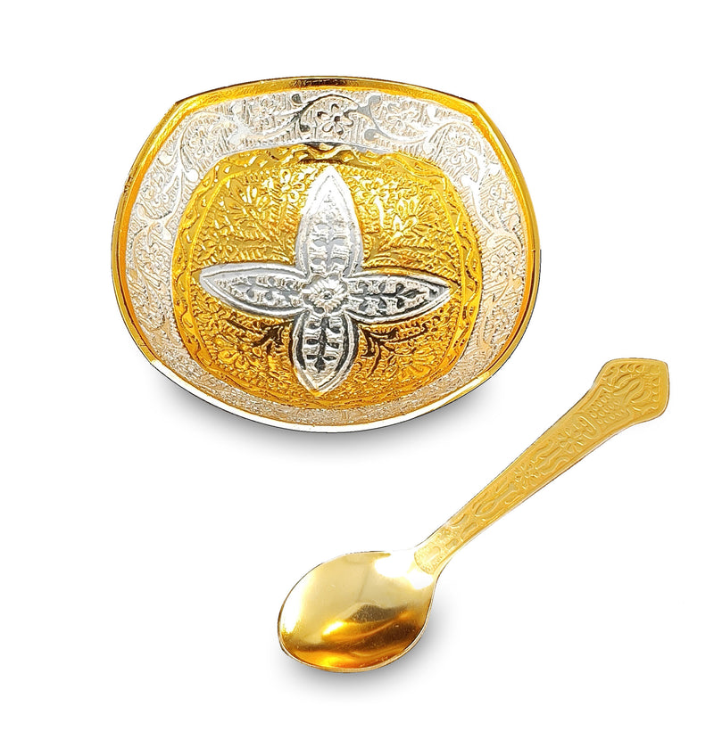 NOBILITY Bowl Spoon Set Gold and Silver Plated Leaf Shaped Designed with Velvet Box Dry Fruit Dessert Serving Sets Friends Family Home Decorative Corporate Gifts Wedding Return Gift