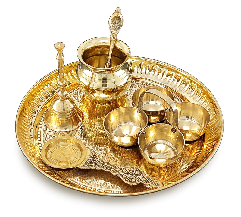 NOBILITY Brass Pooja Thali Set 7 Inch with Pital Puja Plate Kalash Bowl Spoon Dhup Dan Palli Ghanti Kuber Diya Chandan Wati Arti Thali for Diwali Home Office Mandir Wedding Return Gift Items