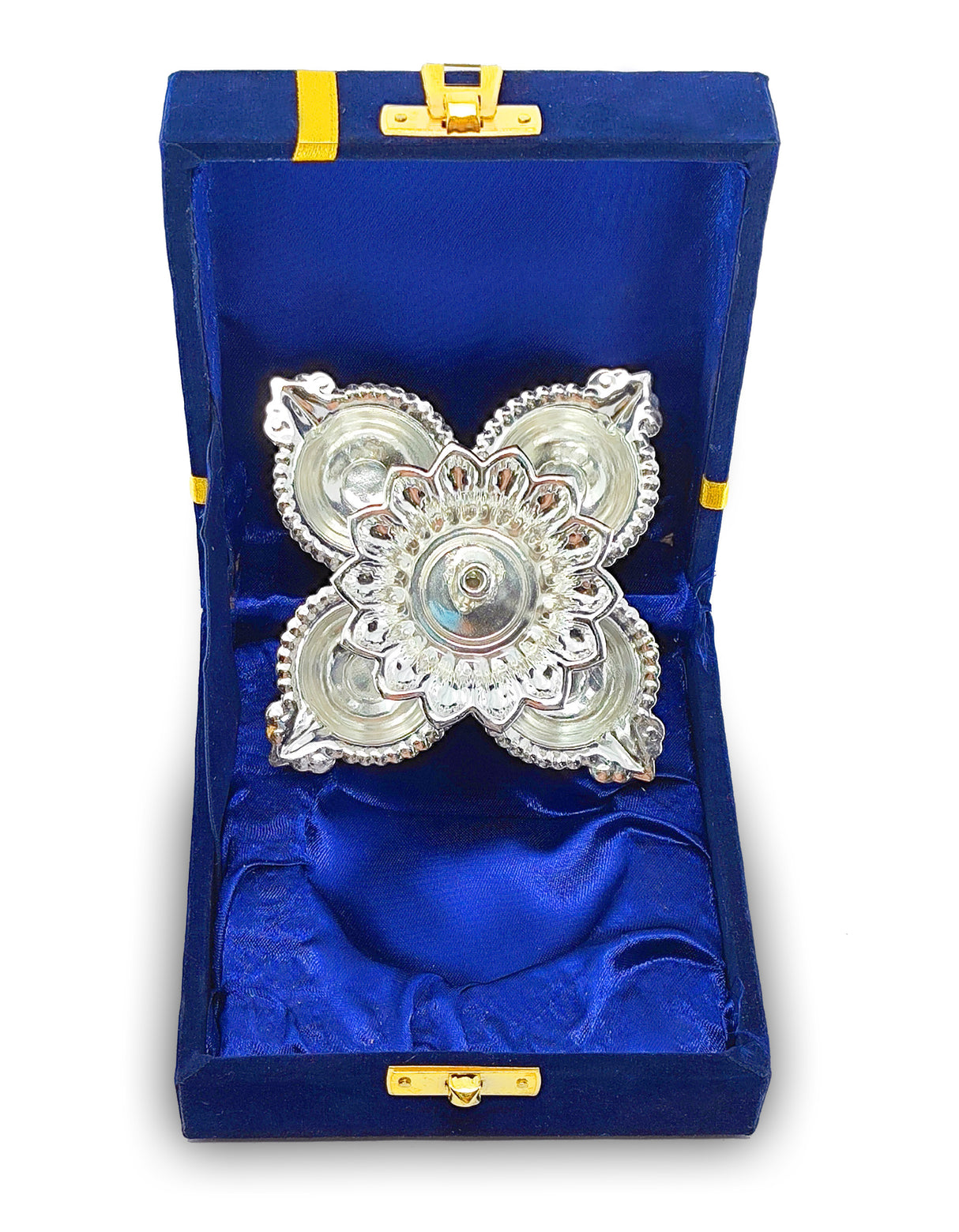 NOBILITY Silver Plated Diya with Blue Velvet Gift Box Panchmukhi Dia Pooja Items Diwali Decoration Puja Gifts Handmade Oil Lamp Traditional Indian Deepawali Gift Items