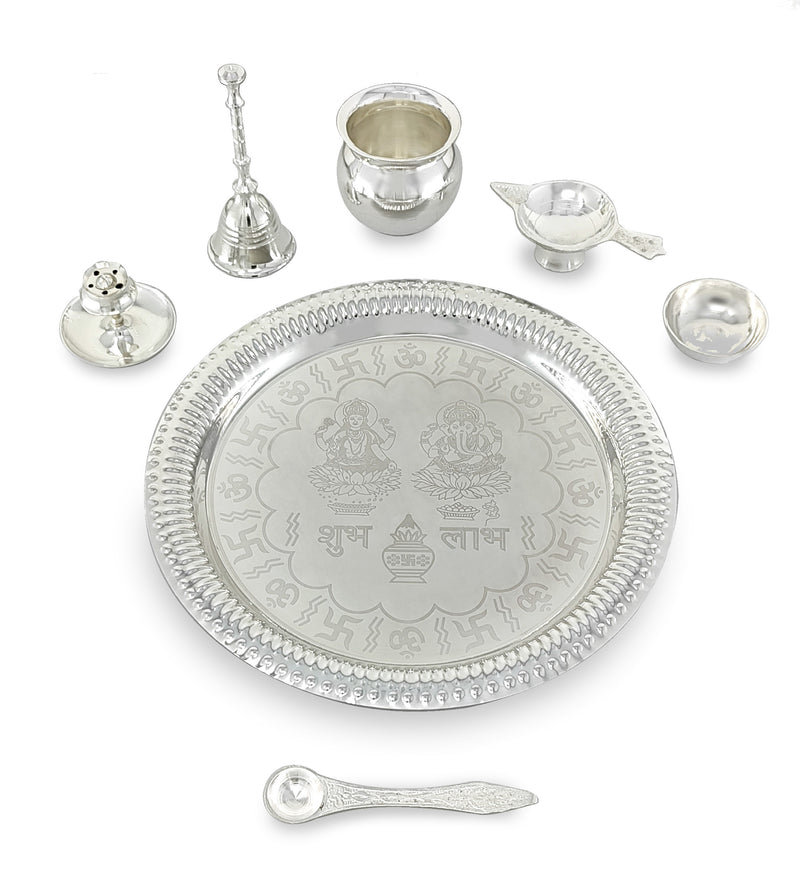 NOBILITY Pooja Thali Set Silver Plated with Grey Gift Box Designed Puja Plate 22 CM Bowl Ghanti Kalash Spoon Dhup Dan Diya for Home Office Diwali Wedding Return Gift Items