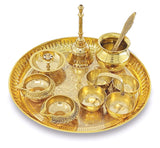 NOBILITY Puja Thali Set Brass Pooja Thali Set 8 Inch with Pital Plate Glass Kalash Spoon Ghanti Bowl Agarbatti Stand Kuber Diya Daily Pooja items for Diwali Home Mandir Office Wedding Return Gift Item