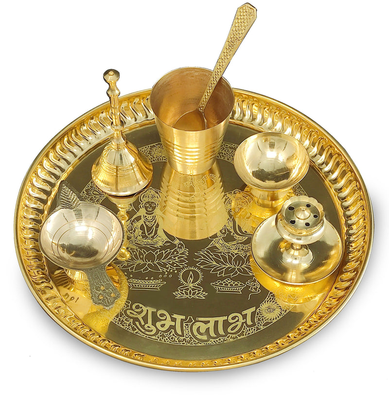 NOBILITY Brass Pooja thali Set 8 Inch with Pital Plate Agarbatti Stand Glass Spoon Ghanti Bowl Diya Puja Thali for Diwali Home Mandir Office Wedding Return Gift Items