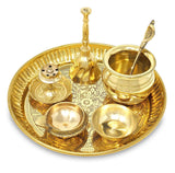 NOBILITY Brass Pooja Thali Set Small 6 Inch Puja Thali with Pital Plate Kalash Kuber Diya Chandan Wati Agarbatti Stand Ghanti Palli Arti Thali for Diwali Home Office Mandir Wedding Return Gift Items