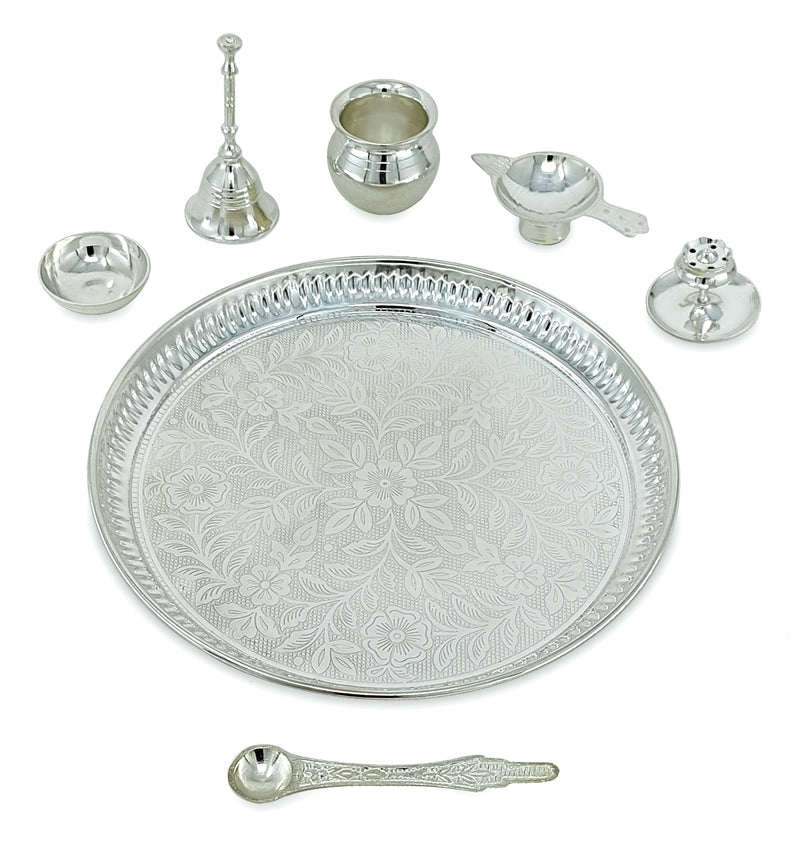 NOBILITY Pooja Thali Set Silver Plated with Gray Gift Box Designed 9 Inch Puja Plate Kalash Bowl Ghanti Spoon Dhup Dan Diya for Home Office Diwali Wedding Return Gift Items