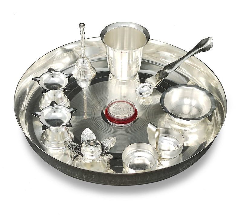 NOBILITY Silver Plated Pooja Thali Set 10 Inch with Accessories Daily Puja Decorative Item for Diwali Mandir Home Office Wedding Return Gift Items