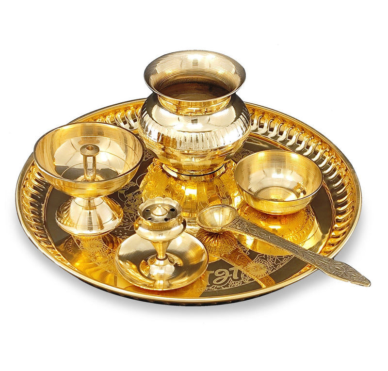 NOBILITY Brass Pooja Thali Set 8 Inch with Pital Plate Kalash Piyali Diya Dhup Dan Spoon Bowl Puja Thali for Diwali Home Office Mandir Wedding Return Gift Items