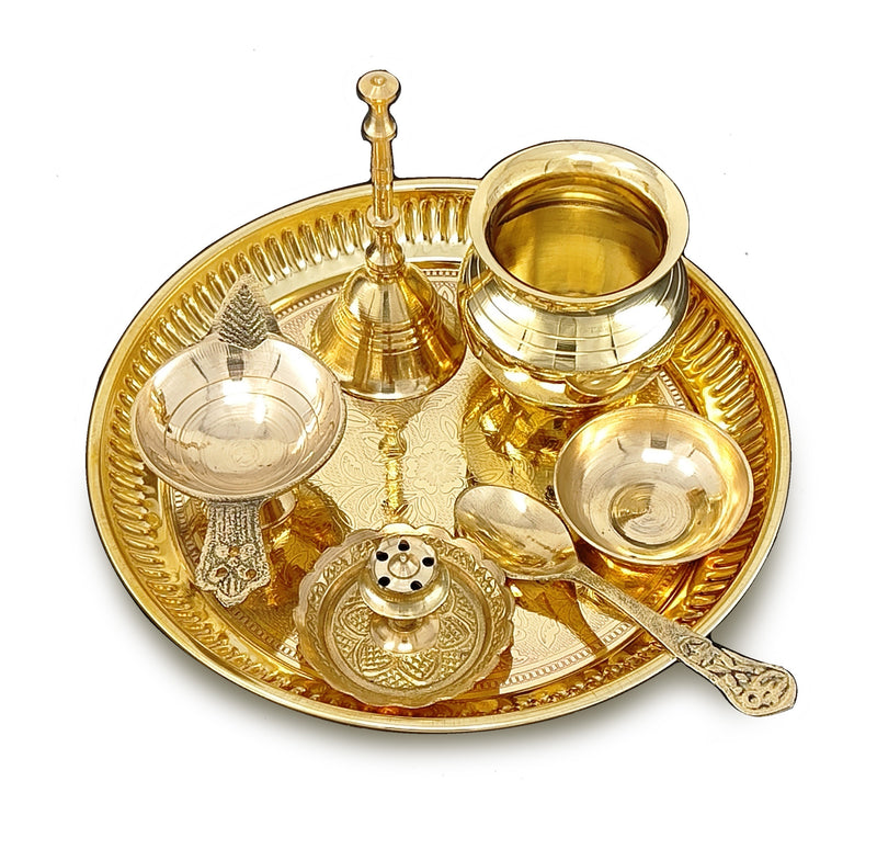 NOBILITY Brass Pooja Thali Set 6 Inch Puja Thali with Pital Plate Kalash Spoon Chandan Wati Dhup Dan Diya Ghanti Arti Thali for Diwali Home Office Mandir Wedding Return Gift Items