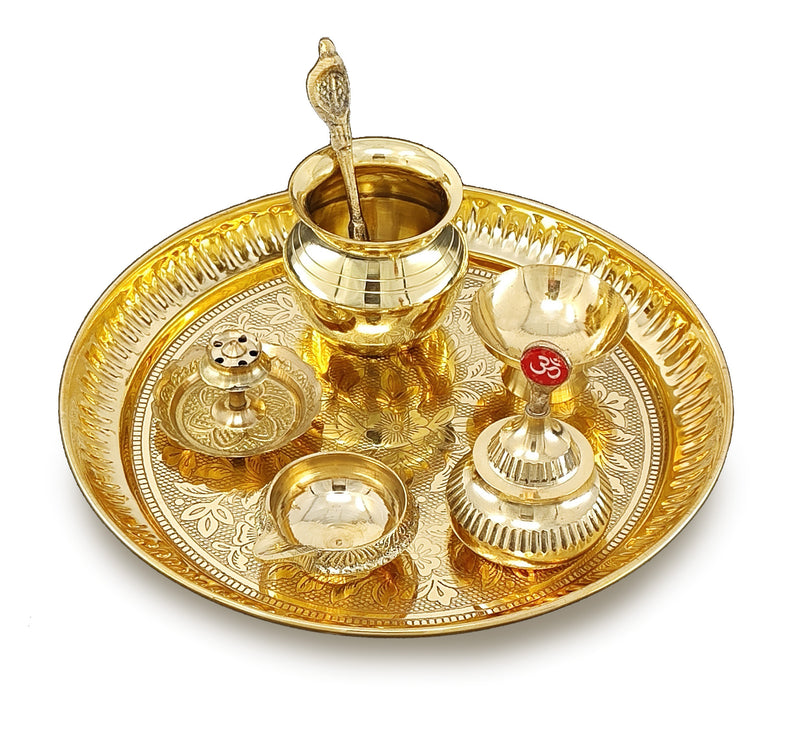 NOBILITY Brass Pooja Thali Set 7 Inch with Pital Puja Plate Kalash Bowl Spoon Dhup Dan Palli Ghanti Kuber Diya Chandan Wati Arti Thali for Diwali Home Office Mandir Wedding Return Gift Items