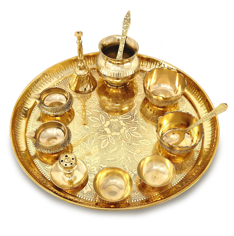 NOBILITY Brass Pooja Thali Set 12 Inch with Pital Plate Kalash Bowl Spoon Palli Ghanti Kuber Diya Chandan Wati Dhup Dan Puja Thali for Diwali Home Office Mandir Wedding Return Gift Items