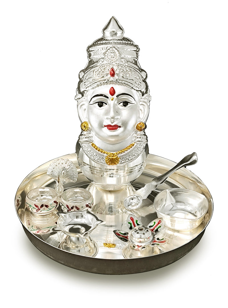 NOBILITY Silver Plated Pooja thali Set with Varalakshmi Devi Mukhota Idol Statue