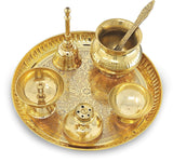 NOBILITY Brass Puja Thali Set 8 Inch Pooja Thali with Pital Plate Kalash Chandan Vati Piyali Deep Dhup Dan Ghanti Palli Diya Arti Thali for Diwali Home Office Mandir Wedding Return Gift Items