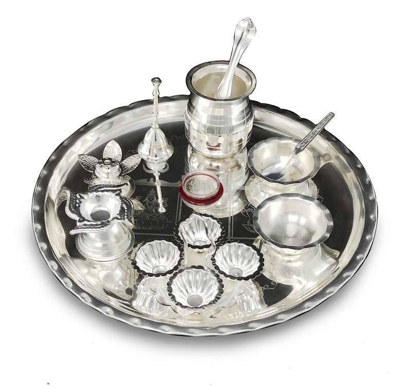 NOBILITY 12 Inch Silver Plated Pooja Thali Set with Accessories Daily Puja Decorative Gifts for Home Office Mandir Diwali Wedding Return Gift Items