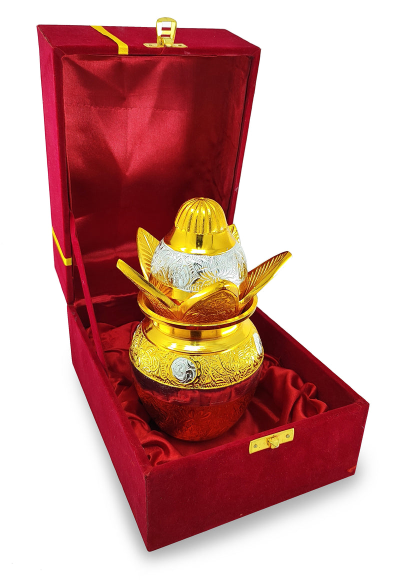 NOBILITY German Silver Gold Plated Pooja Kalash lota Coconut Leaves with Royal Velvet Box Poojan Home Temple Diwali Wedding Gift Items