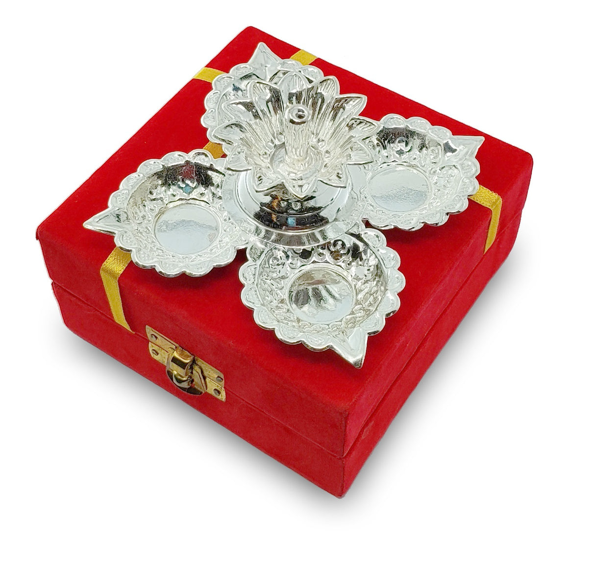 NOBILITY Silver Plated Diya with Red Velvet Gift Box Pooja Items Diwali Decoration Puja Gifts Handmade Daily Oil Lamp Traditional Indian Deepawali Gift Items