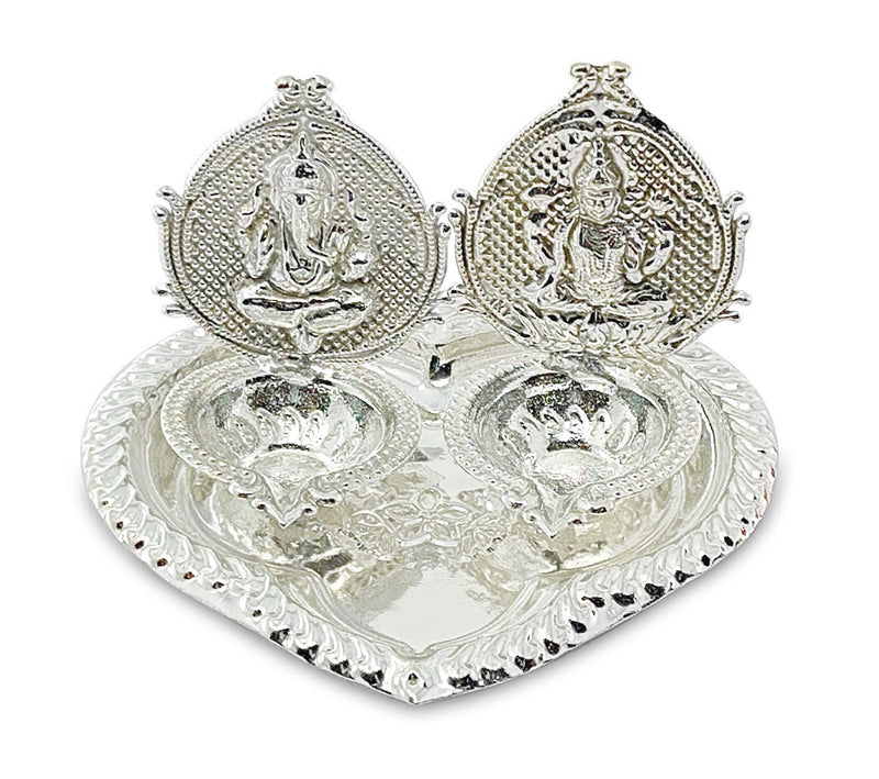 NOBILITY Silver Plated Diya with Blue Velvet Gift Box Ganesh Lakshmi Design Idol Dia Pooja Items Diwali Decoration Puja Gifts Handmade Oil Lamp Traditional Indian Deepawali Gift Items