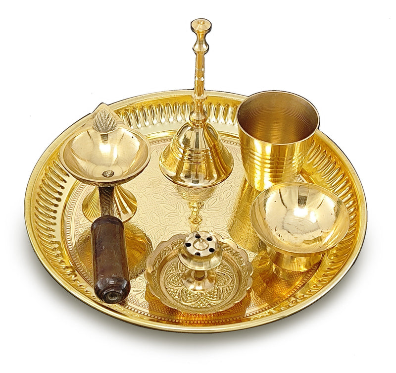 NOBILITY Brass Pooja Thali Set 6 Inch Puja Thali with Pital Plate Glass Chandan Wati Dhup Dan Diya Bell Arti Thali for Diwali Home Office Mandir Wedding Return Gift Items