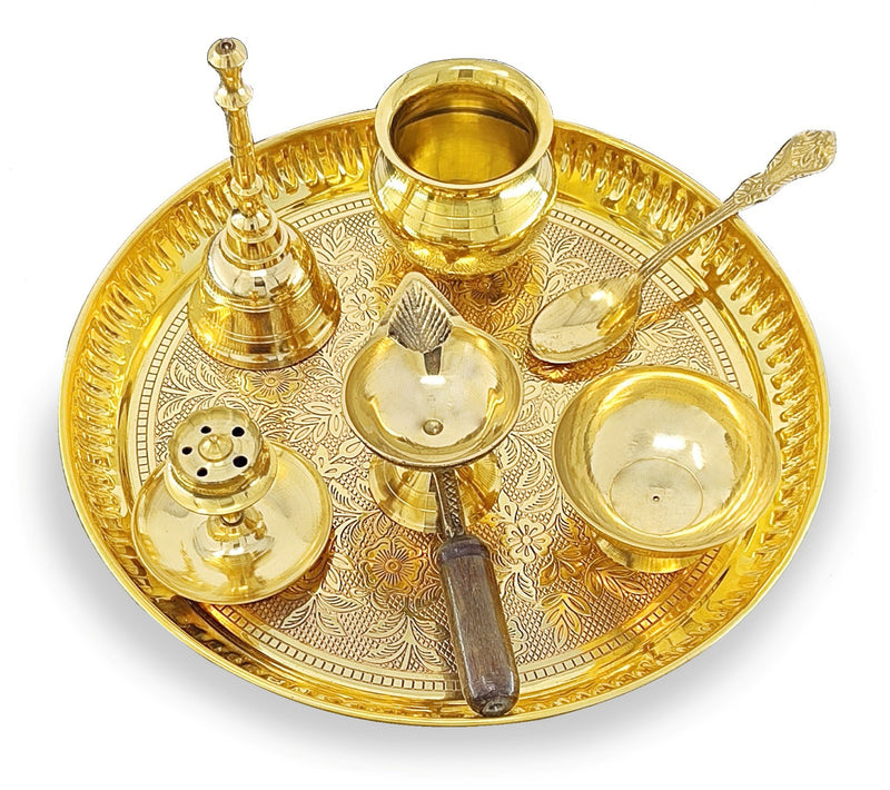 NOBILITY Brass Puja Thali Set 8 Inch Pooja Thali with Pital Plate Kalash Chandan Wati Diya Dhup Dan Ghanti Spoon Arti Thali for Diwali Home Office Mandir Wedding Return Gift Items