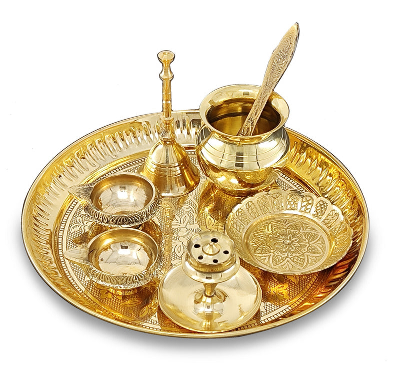 NOBILITY Brass Pooja Thali Set 7 Inch with Pital Puja Plate Kalash Bowl Spoon Dhup Dan Palli Ghanti Kuber Diya Chandan Wati Arti Thali for Diwali Home Office Mandir Wedding Return Gift Items