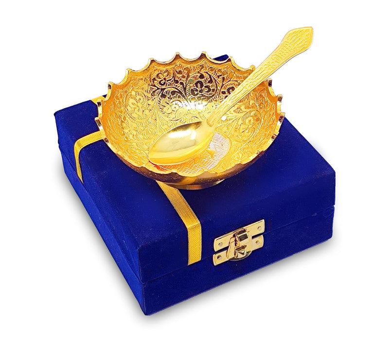 NOBILITY Bowl Spoon Set Gold and Silver Plated Leaf Shaped Designed with Velvet Box Dry Fruit Dessert Serving Sets Friends Family Home Decorative Corporate Gifts Wedding Return Gift