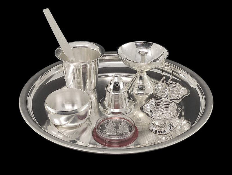 NOBILITY Silver Plated Pooja Thali Set 7 Inch with Coin, Diya and Accessories Puja Decorative Items for Home Mandir Office Wedding Return Gift