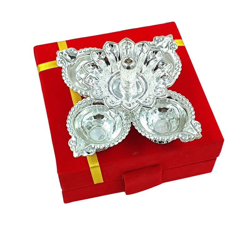 Nobility Silver Plated Diya with Red Velvet Gift Box Panchmukhi Dia Pooja Items Diwali Decoration Puja Gifts Handmade Oil Lamp Traditional Indian Deepawali Gift Items