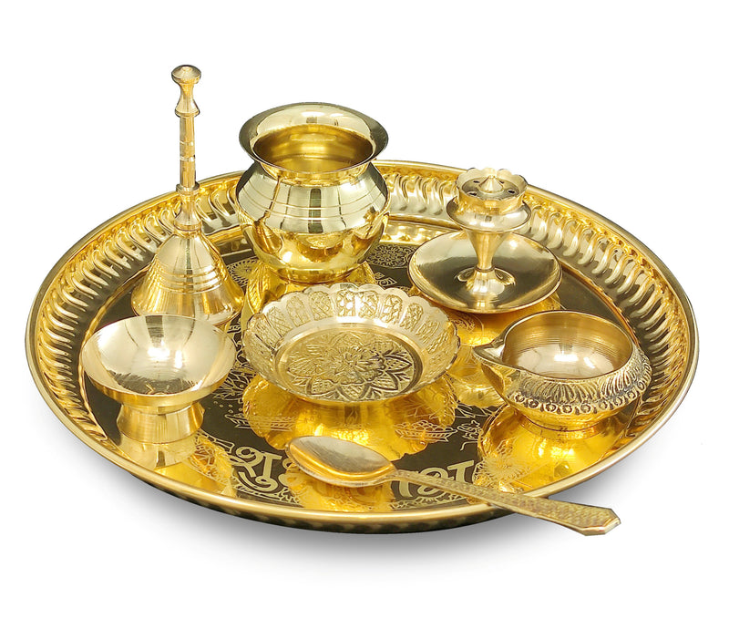 NOBILITY Brass Pooja thali Set 8 Inch with Pital Plate Dhup Dan Kalash Spoon Ghanti Bowl Kuber Diya Kangura Plate Puja Thali for Diwali Home Mandir Office Wedding Return Gift Items