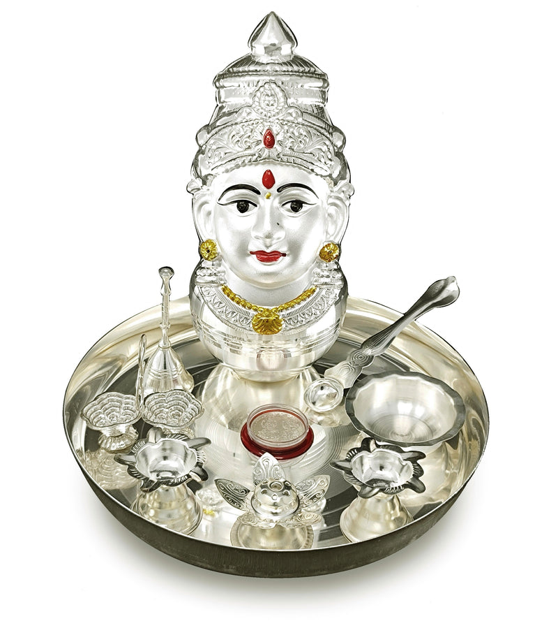 NOBILITY Silver Plated Pooja thali Set with Varalakshmi Devi Mukhota Idol Statue