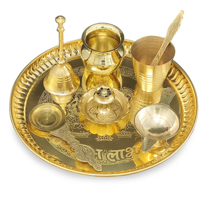 NOBILITY Brass Pooja thali Set 8 Inch with Pital Plate Glass Kalash Spoon Ghanti Bowl Agarbatti Stand Kuber Diya Puja Thali for Diwali Home Mandir Office Wedding Return Gift Items