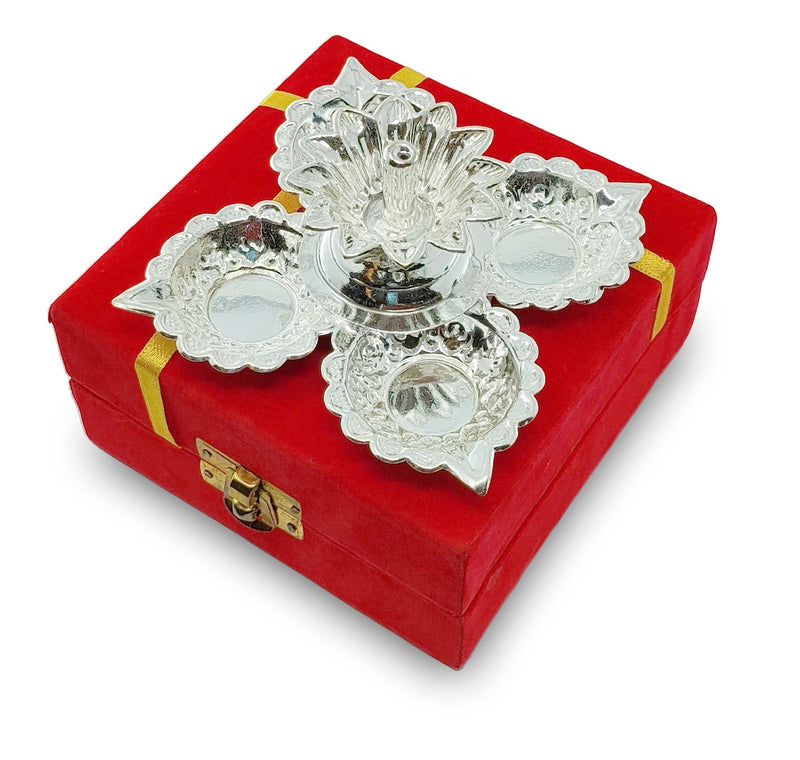 Nobility Silver Plated Diya with Red Velvet Gift Box Panchmukhi Dia Pooja Items Diwali Decoration Puja Gifts Handmade Oil Lamp Traditional Indian Deepawali Gift Items