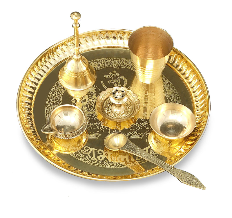 NOBILITY Brass Pooja thali Set 8 Inch with Pital Plate Glass Spoon Diya Bowl Designed Dhup Dan Ghanti Daily Puja Thali for Diwali Home Mandir Office Wedding Return Gift Items