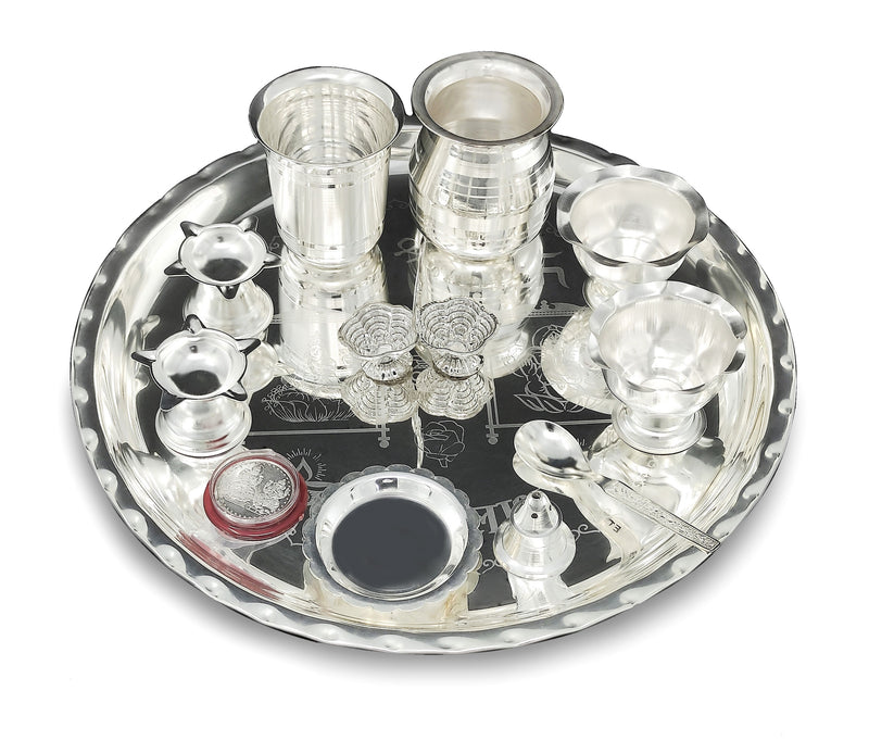 NOBILITY 12 Inch Silver Plated Pooja Thali Set with Accessories Daily Puja Decorative Gifts for Home Office Mandir Diwali Wedding Return Gift Items