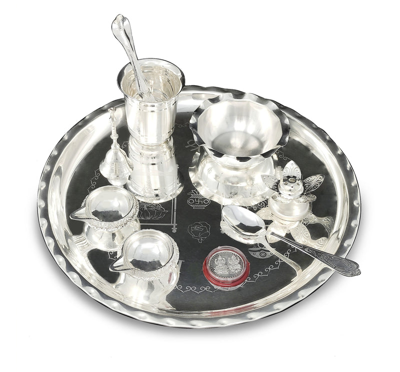 NOBILITY 12 Inch Silver Plated Pooja Thali Set with Accessories Daily Puja Decorative Gifts for Home Office Mandir Diwali Wedding Return Gift Items