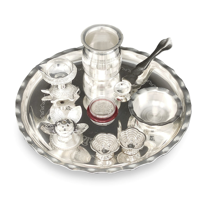 NOBILITY Silver Plated Pooja thali Set 9.5 Inch with Plate Tortoise Diya Haldi Kumkum Stand Kalash Palli Bowl Dhup Dan Puja Thali for Home Mandir Office Diwali Wedding Return Gift Items