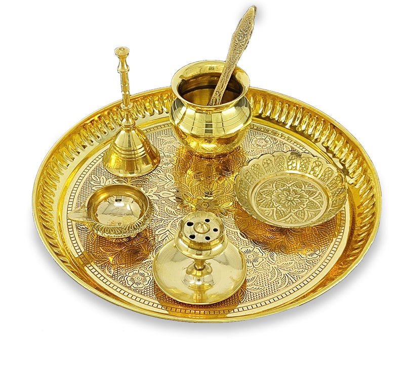 NOBILITY Brass Pooja Thali Set 8 Inch Puja Thali with Pital Designed Plate Kalash Kangura Plate Dhup Dan Kuber Diya Ghanti Palli for Diwali Home Office Mandir Wedding Return Gift Items